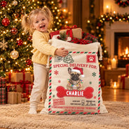 Art Design,Christmas,Custom Photo,Pet Lovers,Photo - Santa Hat Lying Pet,Playful- Gift For Pet Lovers - Personalized Custom Photo Paws Delivery Santa Sack Favor Bag