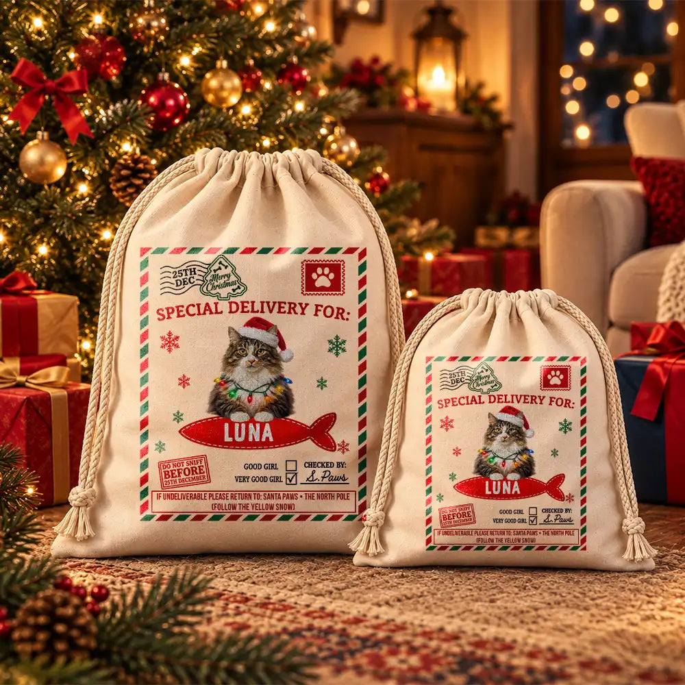 Art Design,Christmas,Custom Photo,Pet Lovers,Photo - Santa Hat Lying Pet,Playful- Gift For Pet Lovers - Personalized Custom Photo Paws Delivery Santa Sack Favor Bag