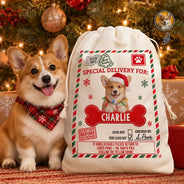 Art Design,Christmas,Custom Photo,Pet Lovers,Photo - Santa Hat Lying Pet,Playful- Gift For Pet Lovers - Personalized Custom Photo Paws Delivery Santa Sack Favor Bag