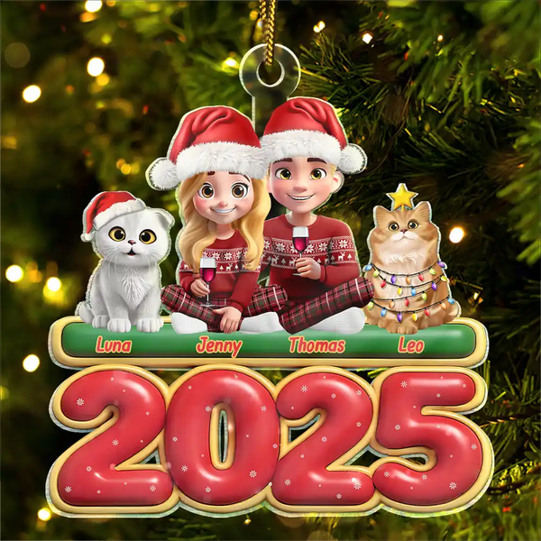 Cat Lovers,Cat Couple,Pet Lovers,Pet Couple,Christmas,Happy - 3D Effect Couple Sitting With Cats - Personalized Custom Shaped Acrylic Ornament
