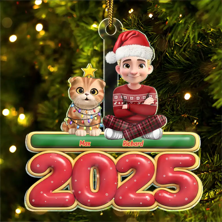 3D Effect Woman Man Sitting With Cats - Personalized Custom Shaped Acrylic Ornament
