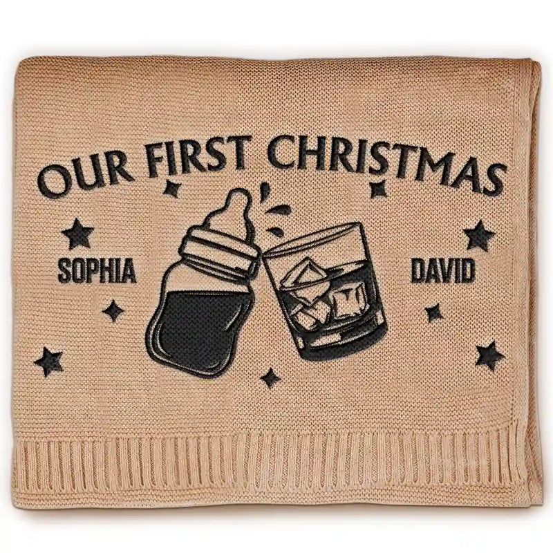 New baby,New Dad,New Mom,Happy - Our First Christmas Together Newborn Baby With Daddy - Personalized Embroidered Knitted Baby Blanket