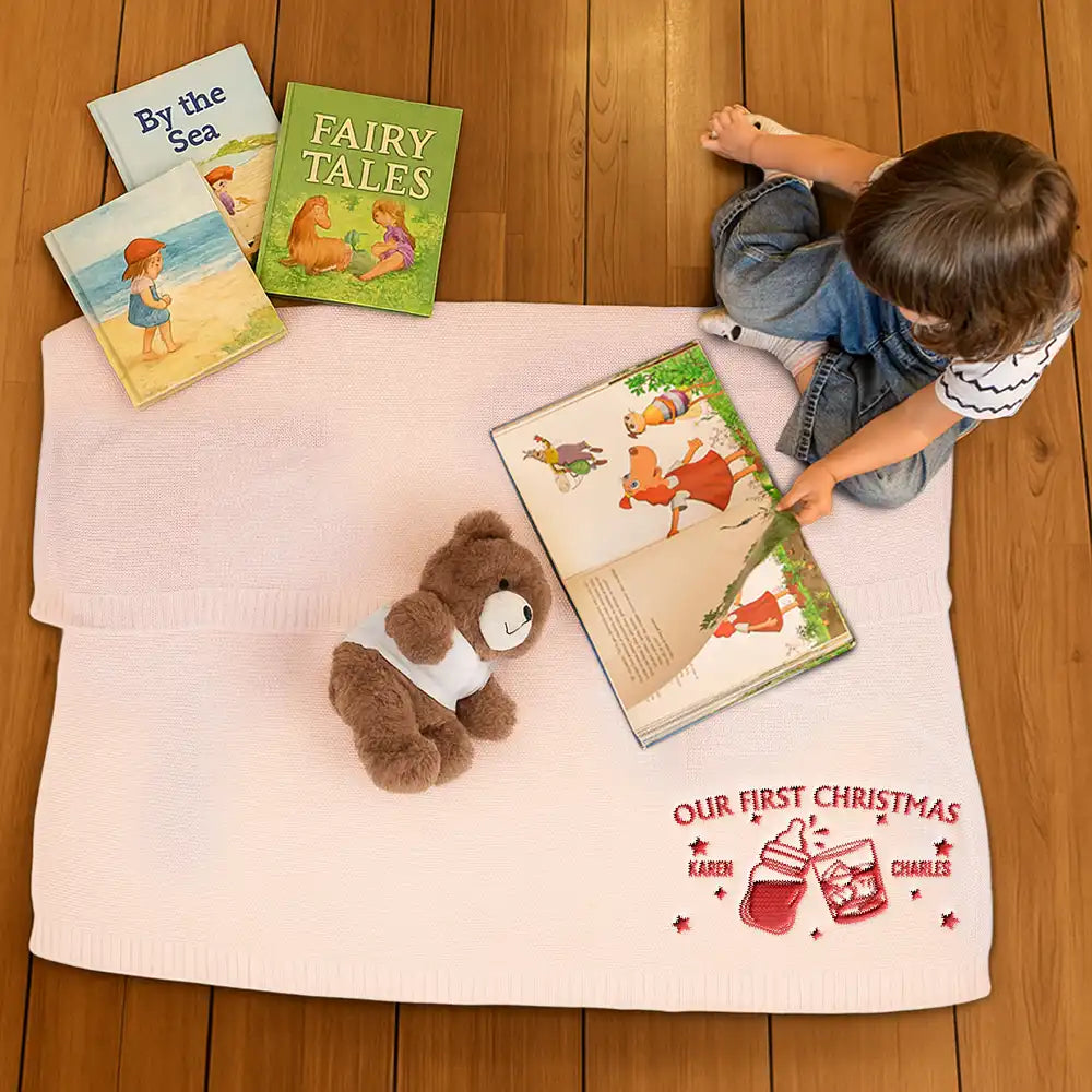 New baby,New Dad,New Mom,Happy - Our First Christmas Together Newborn Baby With Daddy - Personalized Embroidered Knitted Baby Blanket