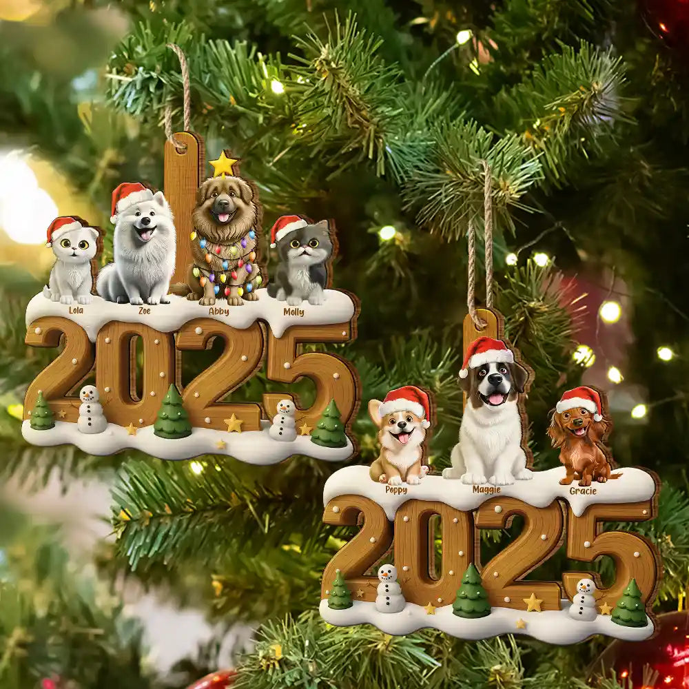 Pet Lovers,Pet Mom,Pet Dad,Dog Lovers,Dog Mom,Dog Dad,Cat Lovers,Cat Mom,Cat Dad,Christmas - Christmas Cute 3D Effect Dog Cat - Personalized Custom Shaped Wooden Ornament