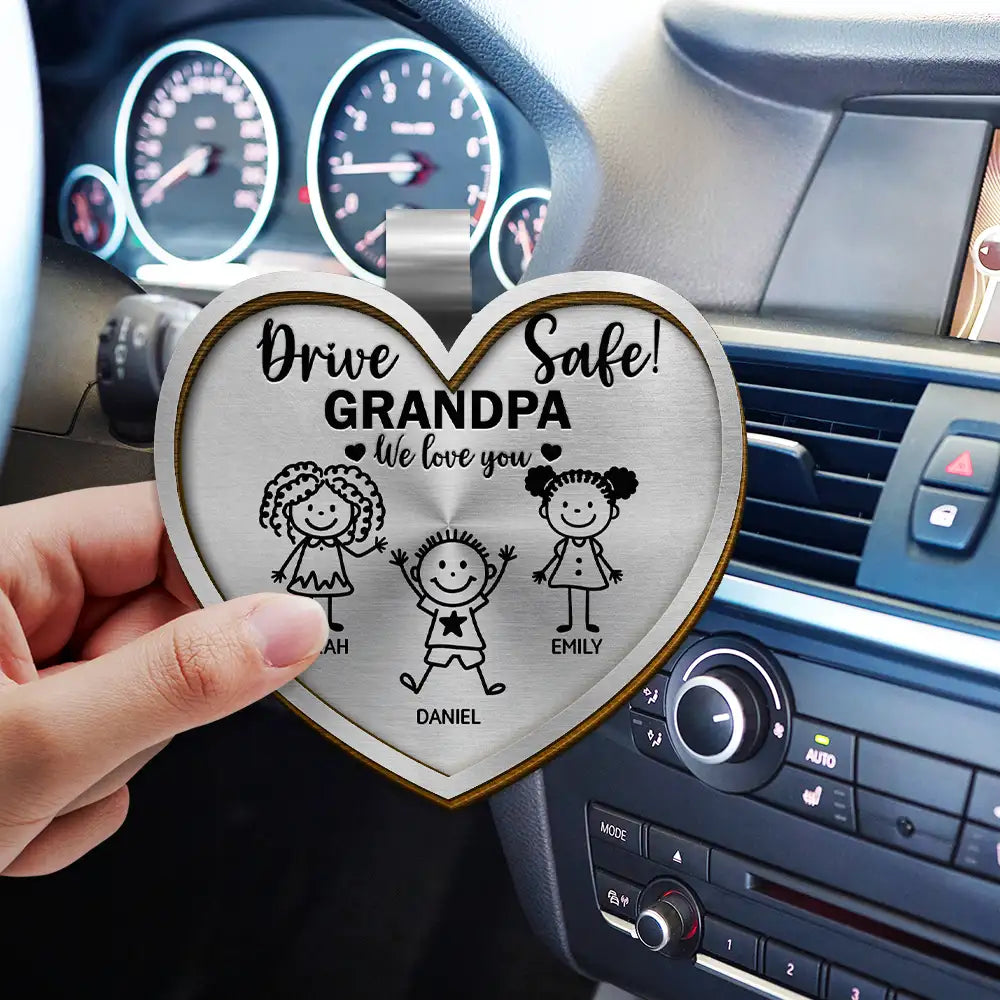 Stick Figure,Gift For Father,Gift For Grandpa,Gift For Mother,Gift For Grandma,Happy - Drive Safe Daddy Kid Stick Figures Heart Shaped - Personalized Custom Shaped Car Visor Clip