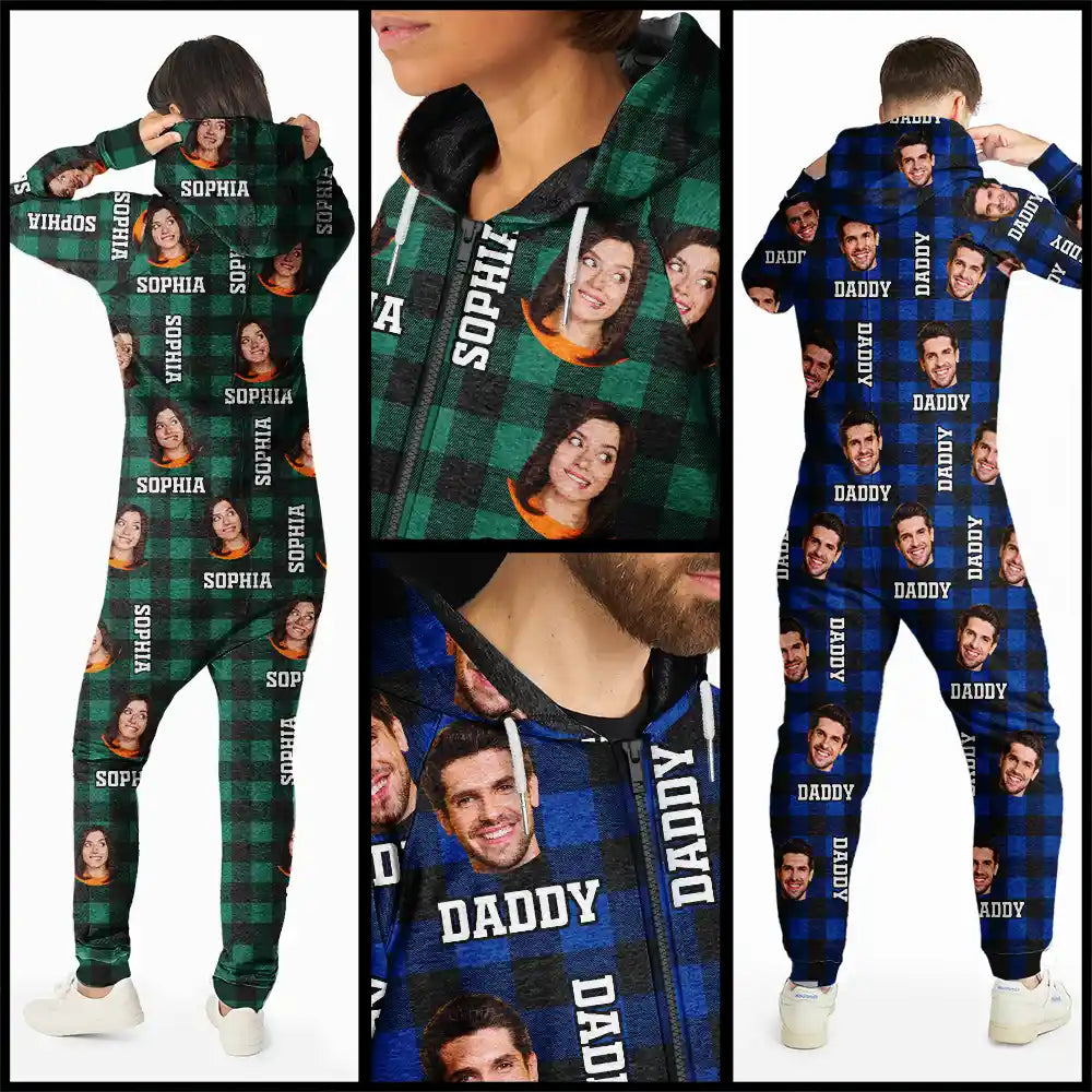 Family,Parents,Gift For Kids,Happy,Custom Photo - Custom Photo Family Plaid Pattern - Personalized Overall Onesie Hooded Jumpsuit