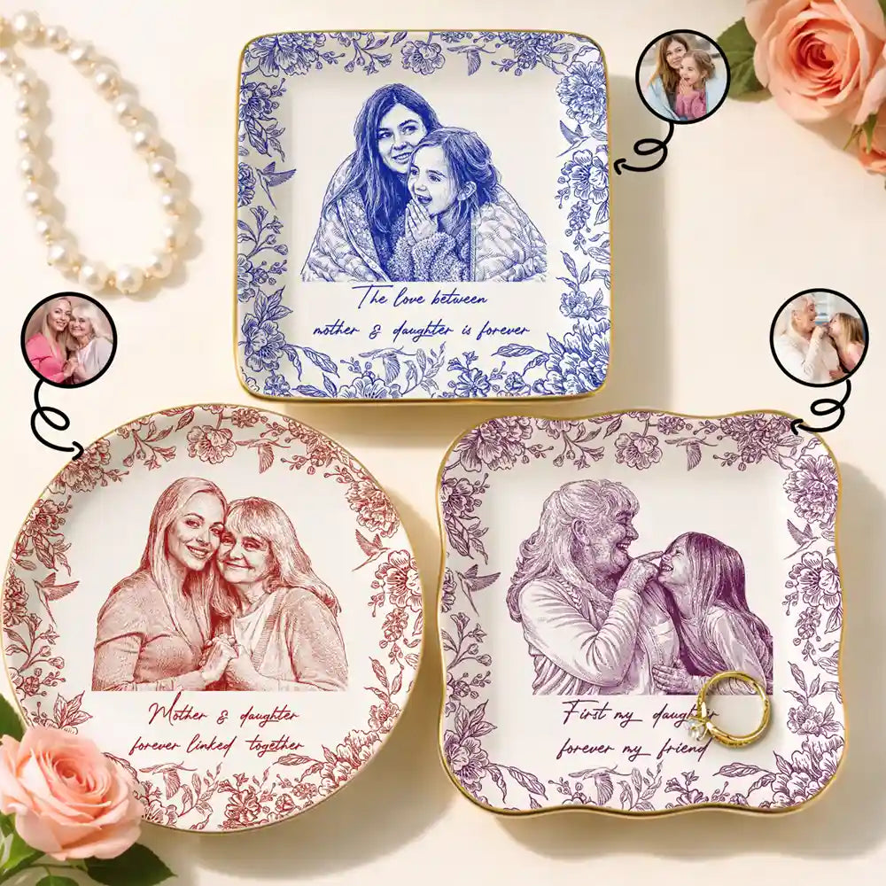 Gift For Mother,Mom,Daughters (Adult),Happy - Custom Photo Pencil Sketch The Love Between Mother & Daughter - Personalized Ring Dish