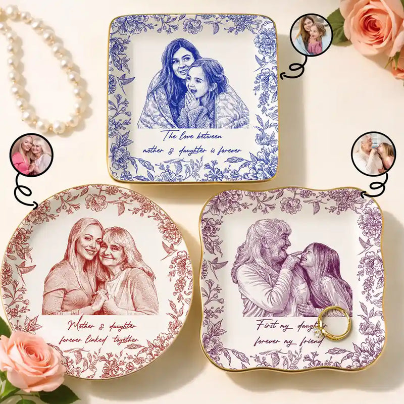 Gift For Mother,Mom,Daughters (Adult),Happy - Custom Photo Pencil Sketch The Love Between Mother & Daughter - Personalized Ring Dish