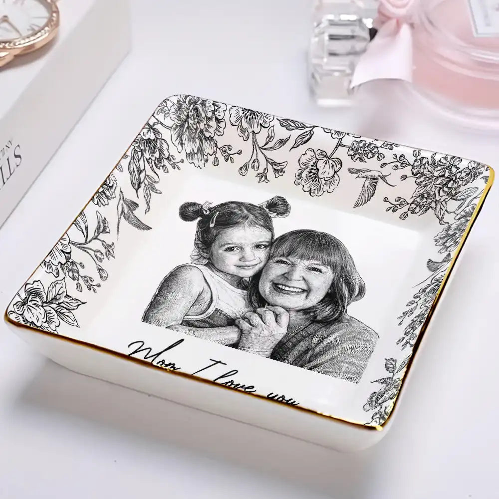 Gift For Mother,Mom,Daughters (Adult),Happy - Custom Photo Pencil Sketch The Love Between Mother & Daughter - Personalized Ring Dish