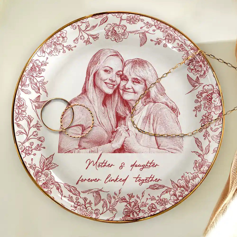 Gift For Mother,Mom,Daughters (Adult),Happy - Custom Photo Pencil Sketch The Love Between Mother & Daughter - Personalized Ring Dish