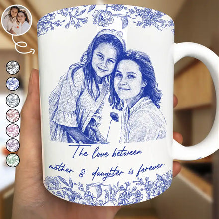 Custom Photo Pencil Sketch The Love Between Mother & Daughter - Personalized White Edge-to-Edge Mug