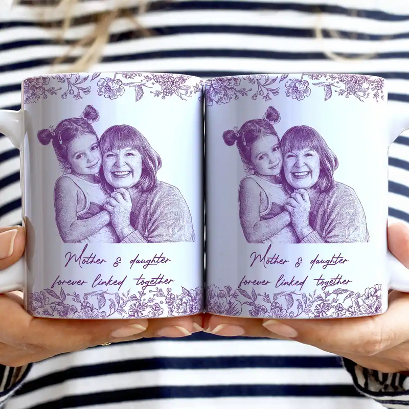 Custom Photo,Gift For Mother,Mom - Children,Happy - Custom Photo Pencil Sketch The Love Between Mother & Daughter - Personalized White Edge-to-Edge Mug
