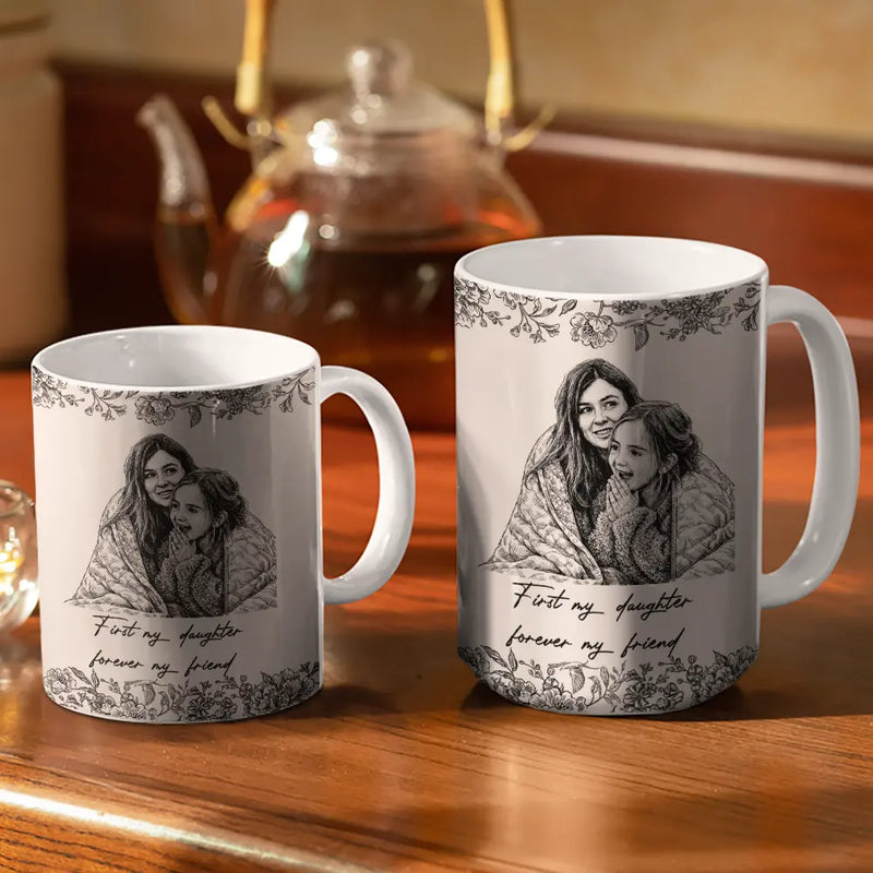 Custom Photo,Gift For Mother,Mom - Children,Happy - Custom Photo Pencil Sketch The Love Between Mother & Daughter - Personalized White Edge-to-Edge Mug