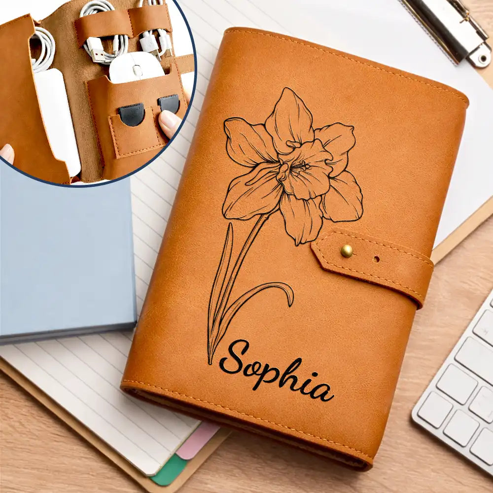 Gift For Women,Gift For Men,Happy - Faux Pressed Effect Birth Flower Blooming In Love - Personalized Leather Cable Bag