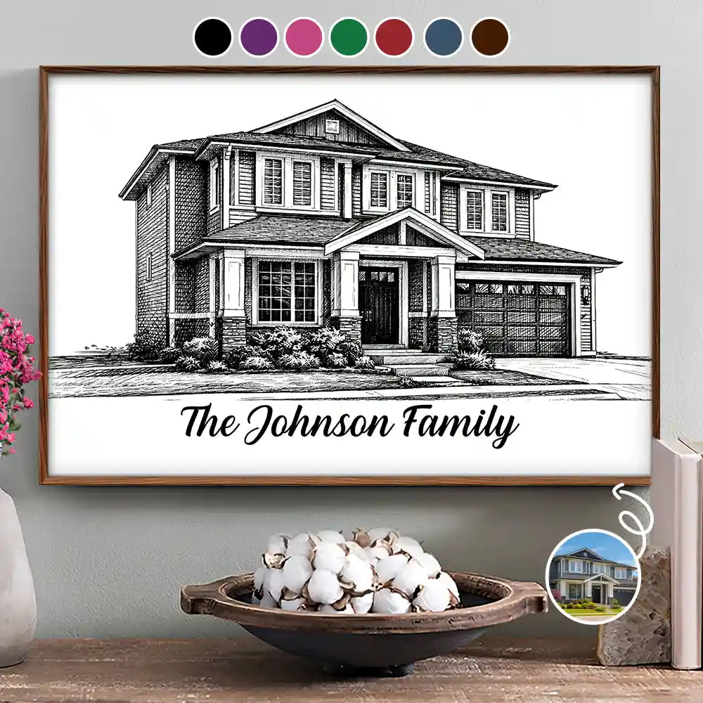 Custom Photo Pencil Sketch House Sketch Where Love Never Ends - Personalized Poster
