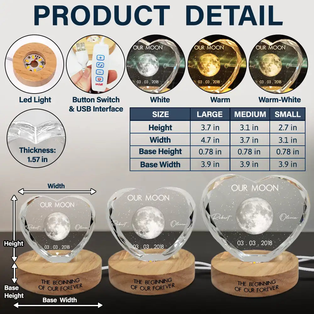 Gift For Couples,Gift For Husband,Gift For Wife,Gift For Boyfriend,Gift For Girlfriend,Parents,Gift For Mother,Gift For Father,Married ,Engaged,Love - Moon Phase The Beginning Of Our Forever - Personalized Crystal Heart Shaped Lamp