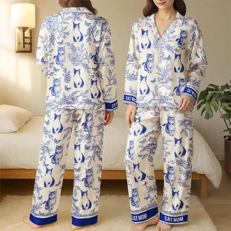 Custom Photo,Pet Lovers,Pet Mom,Happy - Custom Photo Pencil Sketch Portrait Dog Mom Pet Mom Toile Pattern - Personalized Satin Pajama Set