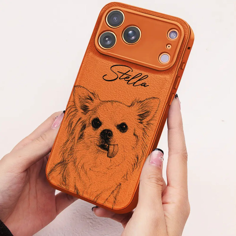 Pet Lovers,Pet Mom,Pet Dad,Dog Lovers,Dog Mom,Dog Dad,Cat Lovers,Cat Mom,Cat Dad,Happy,Photo - Pencil Sketch - Custom Photo Pencil Sketch Family Besties Dog Cat Portrait - Personalized Leather Phone Case