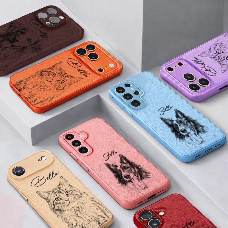 Pet Lovers,Pet Mom,Pet Dad,Dog Lovers,Dog Mom,Dog Dad,Cat Lovers,Cat Mom,Cat Dad,Happy,Photo - Pencil Sketch - Custom Photo Pencil Sketch Family Besties Dog Cat Portrait - Personalized Leather Phone Case