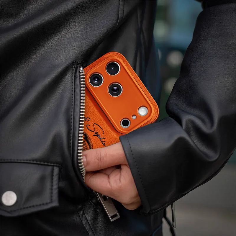 Pet Lovers,Pet Mom,Pet Dad,Dog Lovers,Dog Mom,Dog Dad,Cat Lovers,Cat Mom,Cat Dad,Happy,Photo - Pencil Sketch - Custom Photo Pencil Sketch Family Besties Dog Cat Portrait - Personalized Leather Phone Case