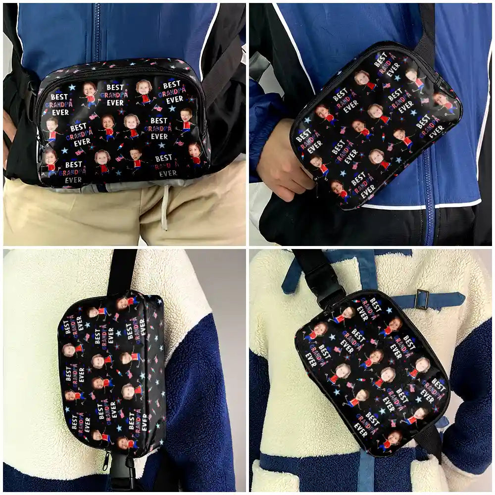 Gift For Mother,Gift For Grandma,Happy,Gift For Father,Gift For Grandpa,Summer,Independence Day,Photo,Icon,Humorous - Custom Photo Stars & Stripes Best Dad Mom Grandpa Grandma Ever - Personalized Crossbody Belt Bag