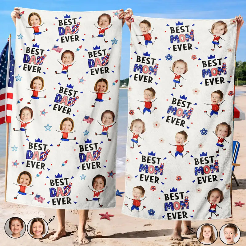 Gift For Mother,Gift For Grandma,Happy,Gift For Father,Gift For Grandpa,Summer,Independence Day,Photo,Icon,Humorous - Custom Photo Stars & Stripes Best Dad Mom Grandpa Grandma Ever - Personalized Beach Towel