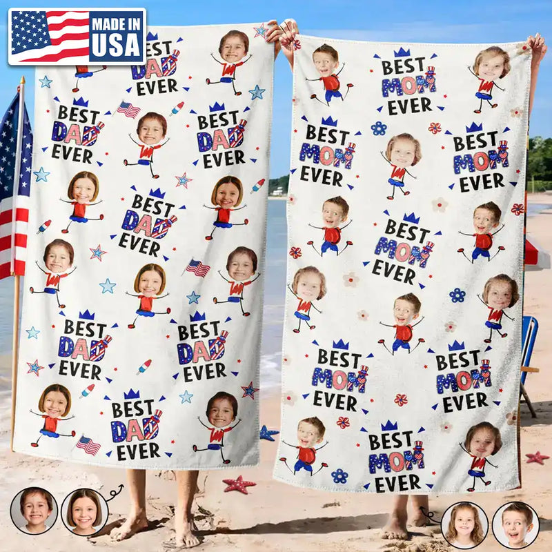 Custom Photo Stars & Stripes Best Dad Mom Grandpa Grandma Ever - Personalized Beach Towel