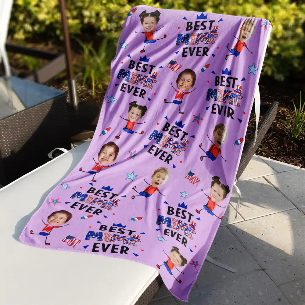Gift For Mother,Gift For Grandma,Happy,Gift For Father,Gift For Grandpa,Summer,Independence Day,Photo,Icon,Humorous - Custom Photo Stars & Stripes Best Dad Mom Grandpa Grandma Ever - Personalized Beach Towel
