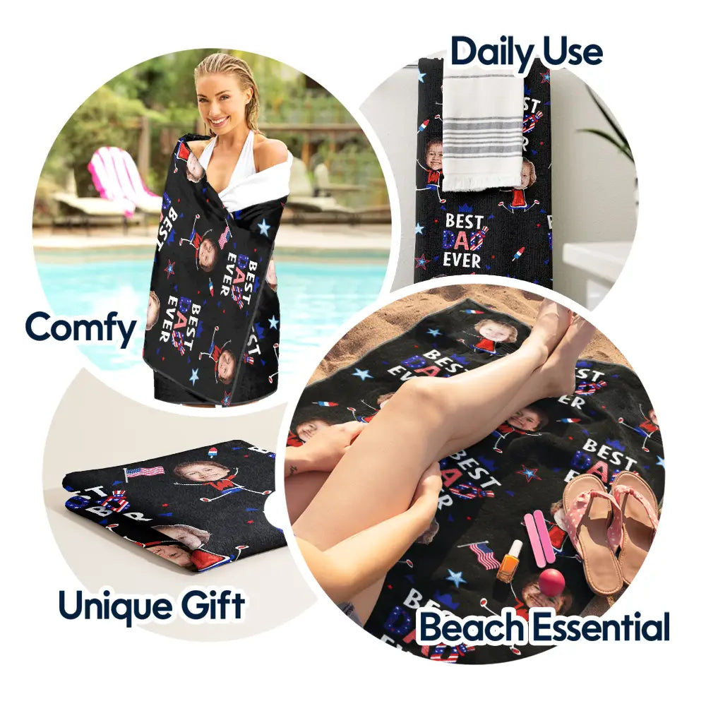 Gift For Mother,Gift For Grandma,Happy,Gift For Father,Gift For Grandpa,Summer,Independence Day,Photo,Icon,Humorous - Custom Photo Stars & Stripes Best Dad Mom Grandpa Grandma Ever - Personalized Beach Towel