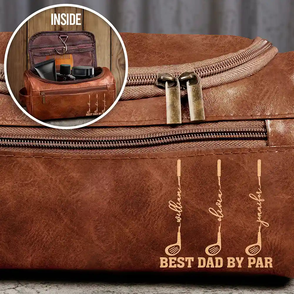 Gift For Grandpa,Gift For Father,Golf,Non-Eng,Icon,Proud - Best Dad Grandpa By Par Golf Clubs - Personalized Leather Toiletry Bag