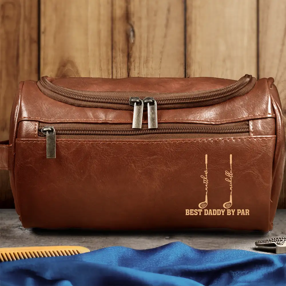 Gift For Grandpa,Gift For Father,Golf,Non-Eng,Icon,Proud - Best Dad Grandpa By Par Golf Clubs - Personalized Leather Toiletry Bag
