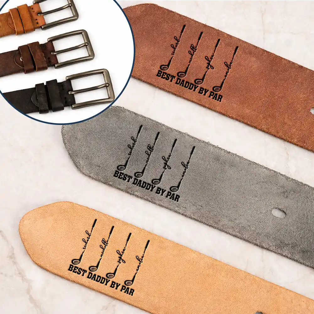 Gift For Grandpa,Gift For Father,Golf,Non-Eng,Icon,Proud - Best Dad Grandpa By Par Golf Clubs - Personalized Cowhide Leather Belt