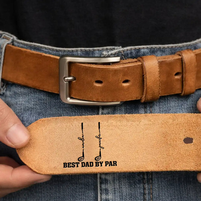 Gift For Grandpa,Gift For Father,Golf,Non-Eng,Icon,Proud - Best Dad Grandpa By Par Golf Clubs - Personalized Cowhide Leather Belt
