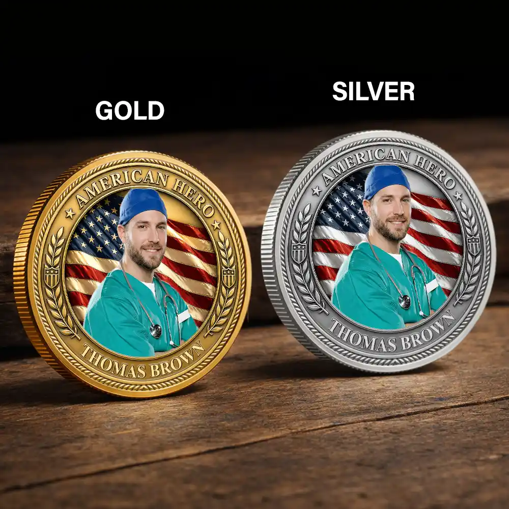 America 250th,Custom Photo,Independence Day,Family,Proud,Remove BG Photo - Custom Photo American Hero Firefighter Police Nurse EMT - Personalized Commemorative Keepsake Coin