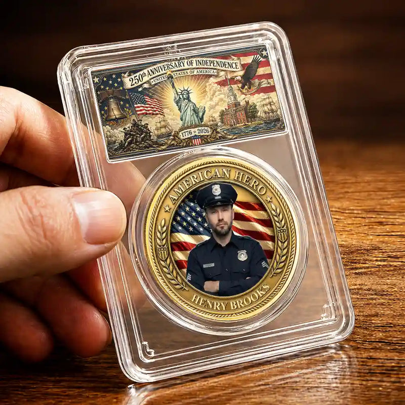 America 250th,Custom Photo,Independence Day,Family,Proud,Remove BG Photo - Custom Photo American Hero Firefighter Police Nurse EMT - Personalized Commemorative Keepsake Coin
