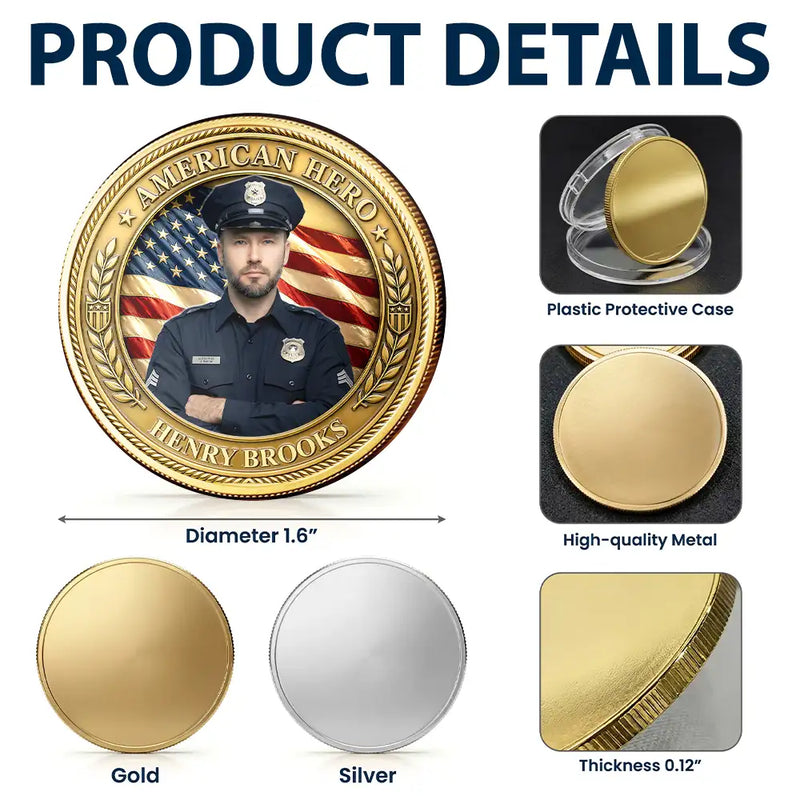 America 250th,Custom Photo,Independence Day,Family,Proud,Remove BG Photo - Custom Photo American Hero Firefighter Police Nurse EMT - Personalized Commemorative Keepsake Coin