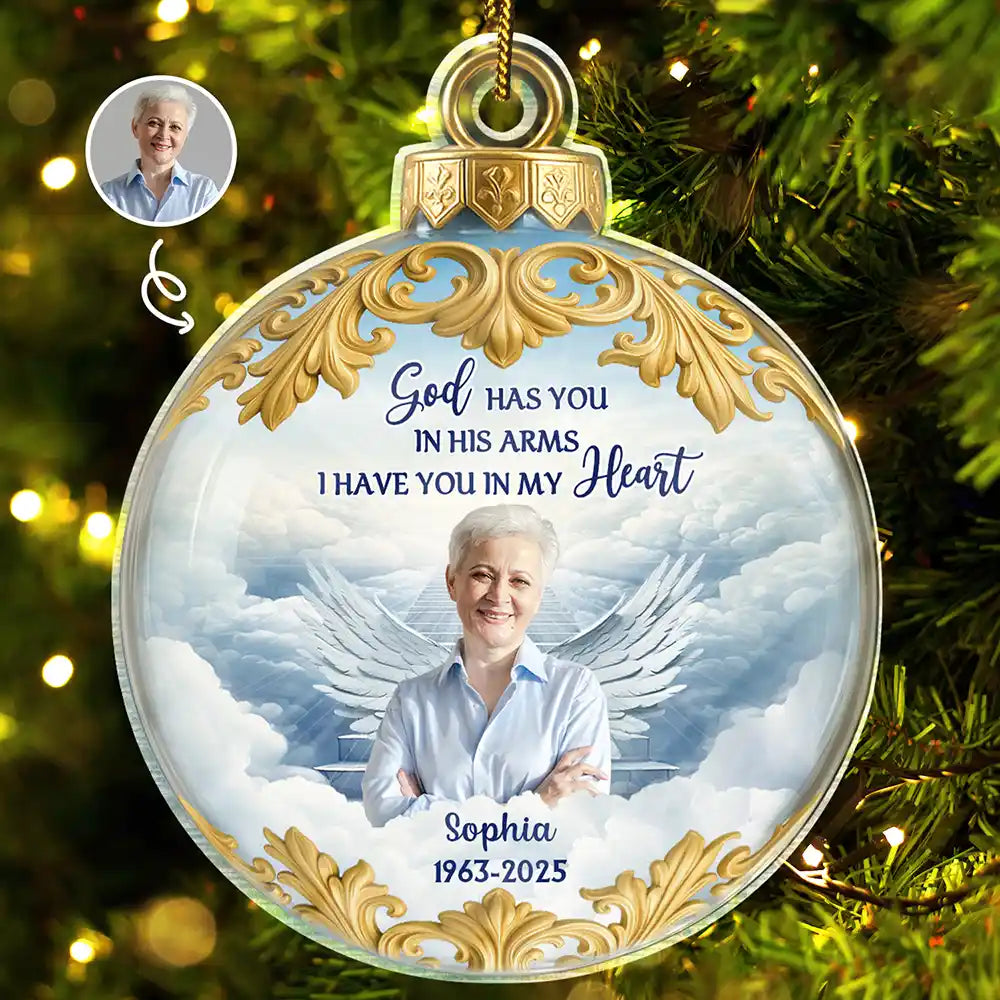 Christian,Christmas,Memorial,Family - Custom Photo God Holds You in His Arms Memorial Keepsake - Personalized Custom Shaped Acrylic Ornament