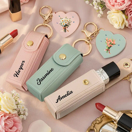 Birth Month Flower Bouquet With Name - Personalized Leather Lipstick Case Keychain With Mirror