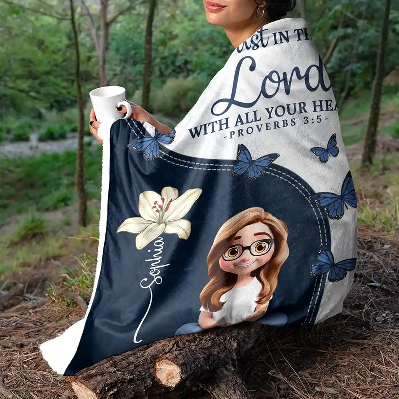 Christian,Gift For Wife,Gift For Girlfriend,Gift For Women,Gift For Aunt,Gift For Mother,Gift For Grandma,Gift For Daughter,Gift For Sisters,Gift For Bestie - Trust In The Lord With Birth Month Flower - Personalized Fleece Blanket, Sherpa Blanket