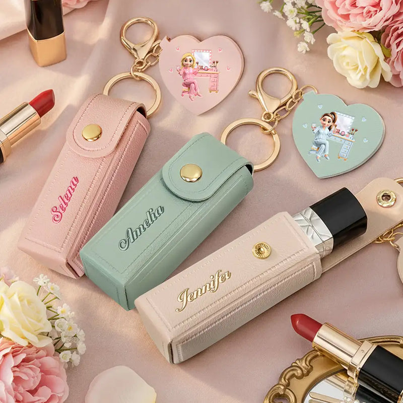 Gift For Women,Gift For Wife,Gift For Girlfriend,Gift For Yourself,Gift For Aunt,Gift For Mother,Gift For Grandma,Gift For Daughter,Gift For Sisters,Gift For Bestie - Makeup Girl With Custom Name - Personalized Leather Lipstick Case Keychain With Mirror