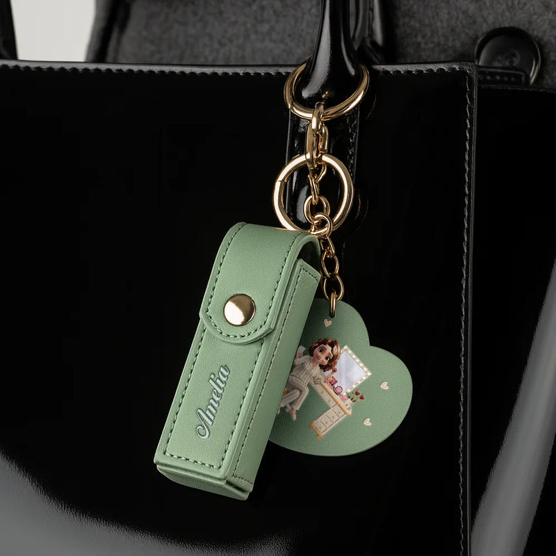 Gift For Women,Gift For Wife,Gift For Girlfriend,Gift For Yourself,Gift For Aunt,Gift For Mother,Gift For Grandma,Gift For Daughter,Gift For Sisters,Gift For Bestie - Makeup Girl With Custom Name - Personalized Leather Lipstick Case Keychain With Mirror