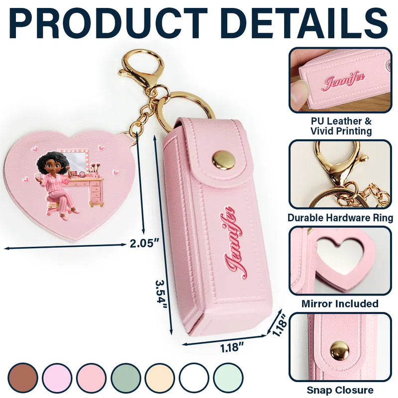Gift For Women,Gift For Wife,Gift For Girlfriend,Gift For Yourself,Gift For Aunt,Gift For Mother,Gift For Grandma,Gift For Daughter,Gift For Sisters,Gift For Bestie - Makeup Girl With Custom Name - Personalized Leather Lipstick Case Keychain With Mirror