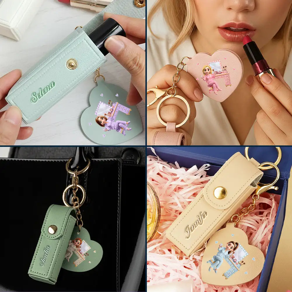 Gift For Women,Gift For Wife,Gift For Girlfriend,Gift For Yourself,Gift For Aunt,Gift For Mother,Gift For Grandma,Gift For Daughter,Gift For Sisters,Gift For Bestie - Makeup Girl With Custom Name - Personalized Leather Lipstick Case Keychain With Mirror