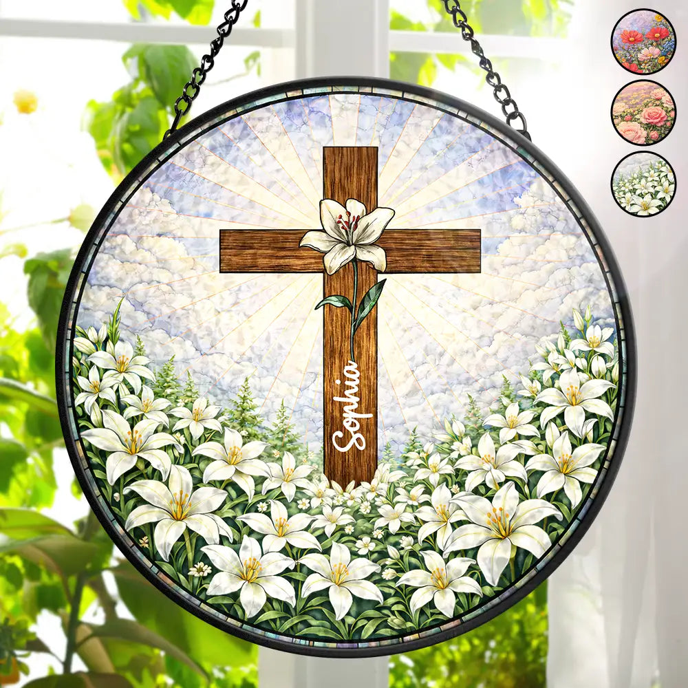 Christian Cross And Wildflowers - Personalized Stained Glass Window Hanging Suncatcher