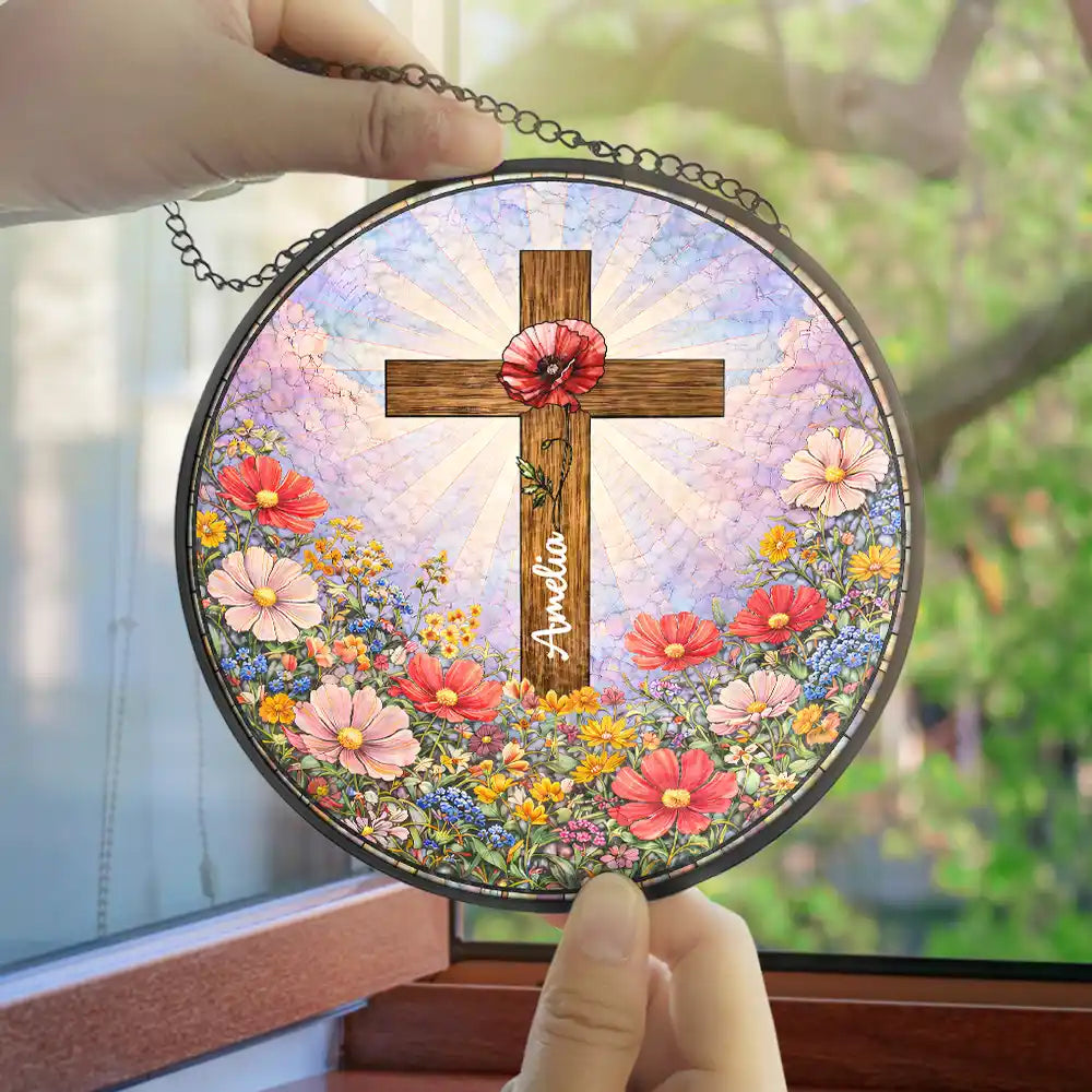 Christian,Gift For Yourself,Gift For Women,Gift For Wife,Gift For Girlfriend,Gift For Aunt,Gift For Mother,Gift For Daughter,Gift For Sisters,Gift For Bestie - Christian Cross And Wildflowers - Personalized Stained Glass Window Hanging Suncatcher