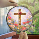Christian,Gift For Yourself,Gift For Women,Gift For Wife,Gift For Girlfriend,Gift For Aunt,Gift For Mother,Gift For Daughter,Gift For Sisters,Gift For Bestie - Christian Cross And Wildflowers - Personalized Stained Glass Window Hanging Suncatcher
