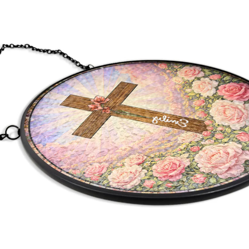 Christian,Gift For Yourself,Gift For Women,Gift For Wife,Gift For Girlfriend,Gift For Aunt,Gift For Mother,Gift For Daughter,Gift For Sisters,Gift For Bestie - Christian Cross And Wildflowers - Personalized Stained Glass Window Hanging Suncatcher