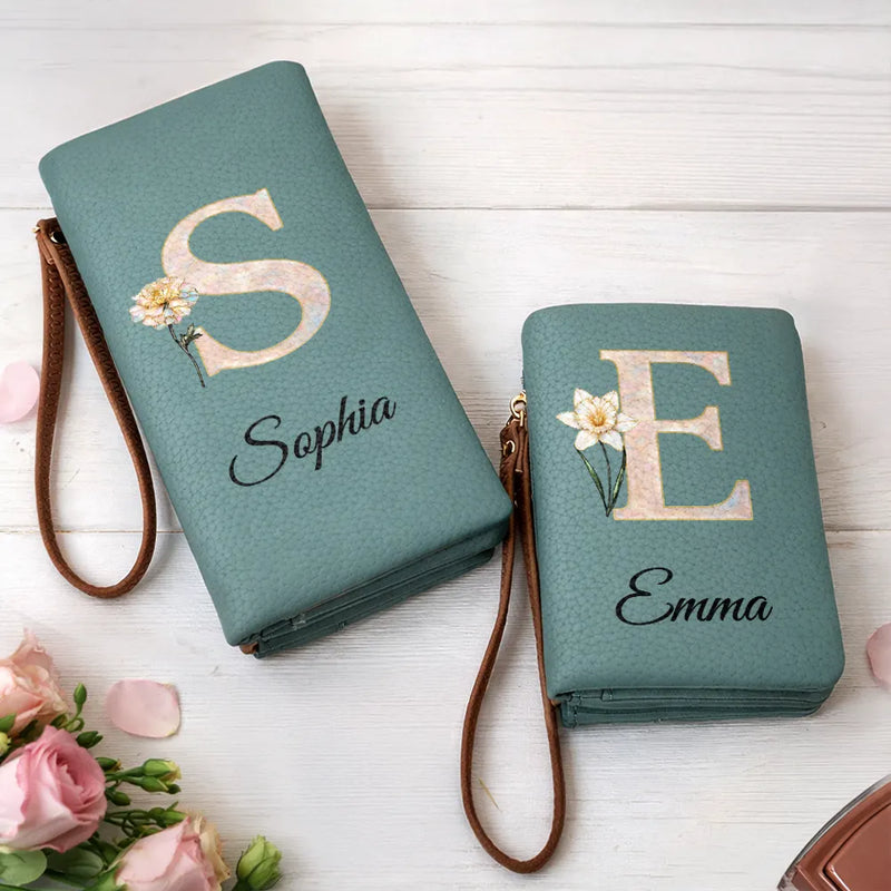 Mom - Daughters (Adult),Mom - Daughters (Young),Mom - Sons,Mom - Children,Gift For Mother,Love - Faux Pearl Effect Birth Month Flower And Name - Personalized Tri-Fold PU Leather Wristlet Wallet