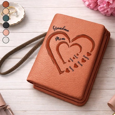 Grandma Mom Sweethearts Faux Debossed - Personalized Tri-Fold PU Leather Wristlet Wallet