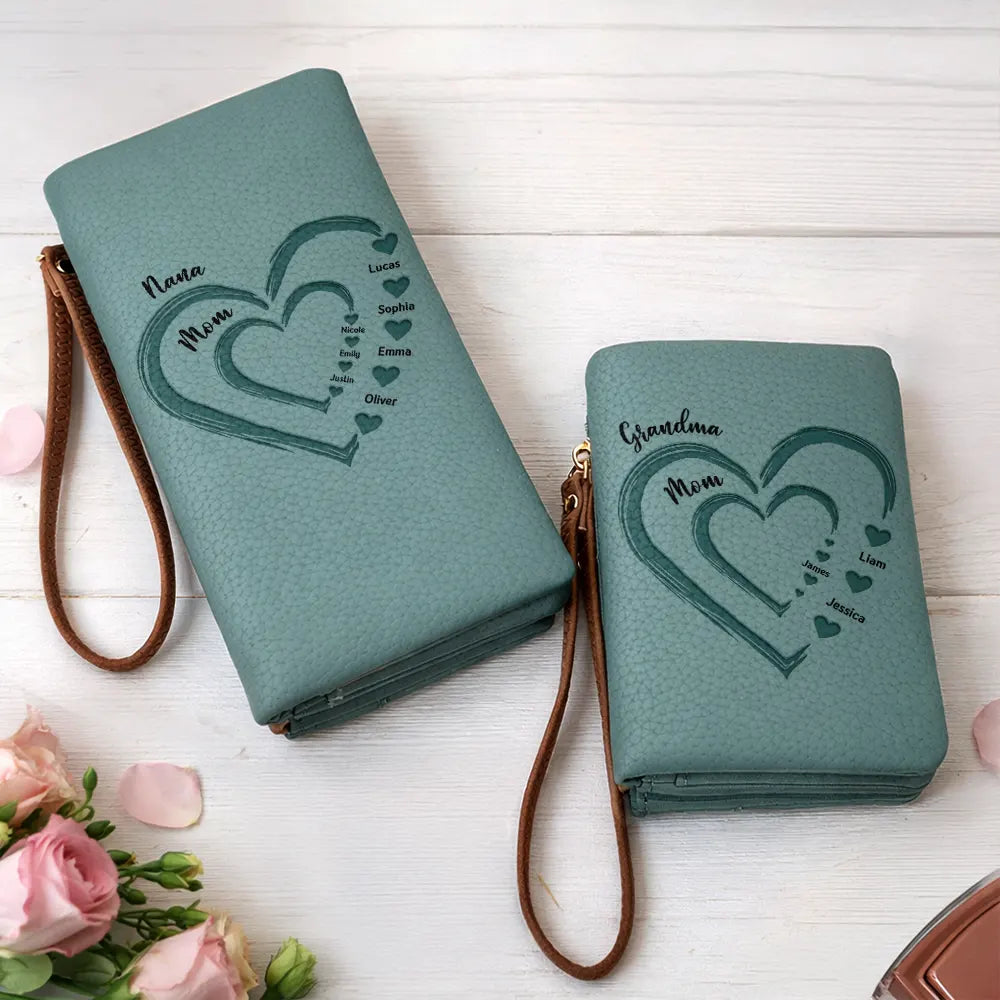Gift For Grandma,Gift For Mother,Love,America 250th,Independence Day - Grandma Mom Sweethearts Faux Debossed - Personalized Tri-Fold PU Leather Wristlet Wallet